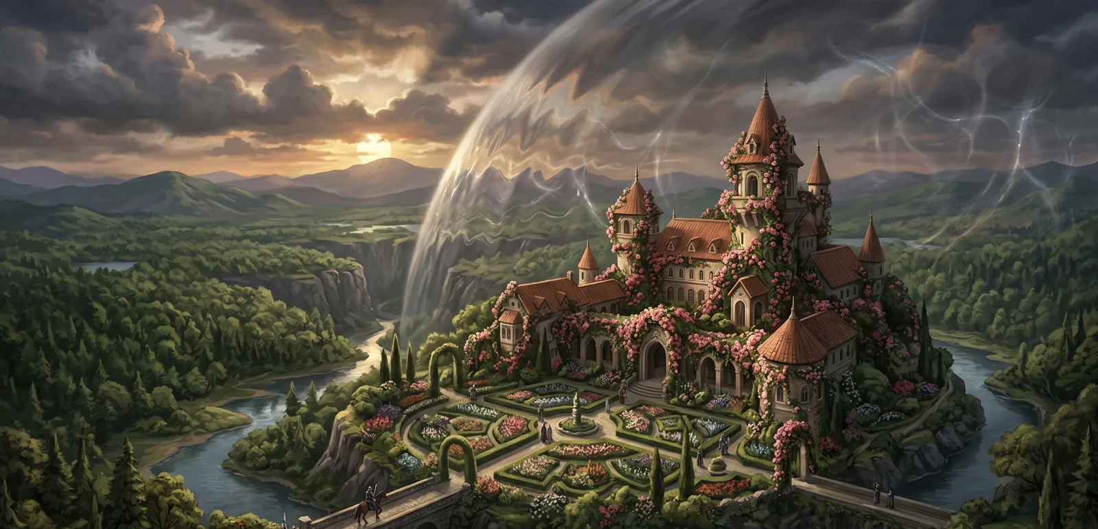 A sprawling, rose-covered manor surrounded by endless green forests and blooming gardens, shadowed by an oppressive, invisible wall.